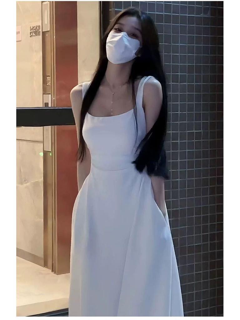 French Summer 2026 White Spaghetti Strap A-line Dress: Waist-Cinching, Long, for Petite Women