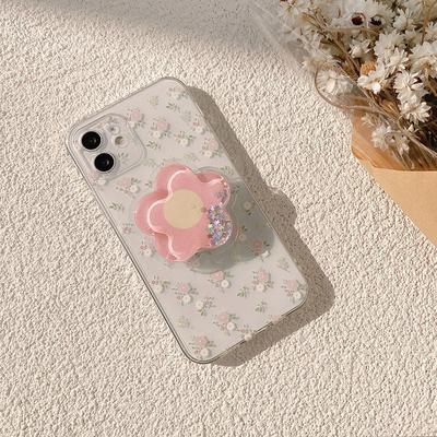 Ins transparente pequena flor rosa suporte caso de telefone para iphone14 13 12 11 pro xs max x xr 7 8 plus se2 capa traseira com suporte