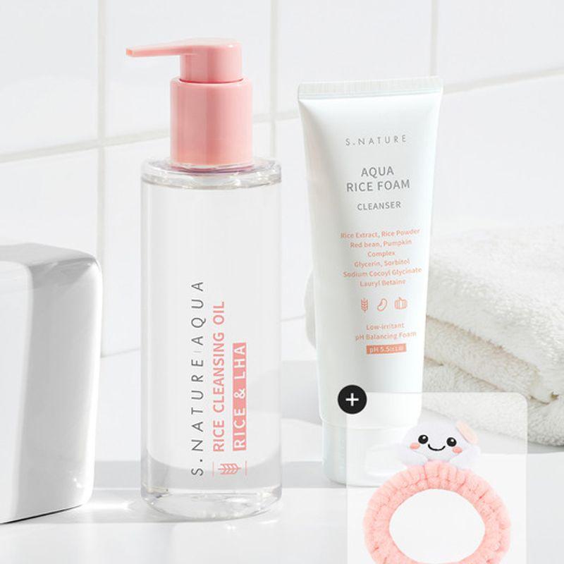 S.NATURE Aqua Rice Cleansing Duo Set (Cleansing Foam 160ml + Cleansing Oil 200ml) (+Mimi Hair Band Free) 160mlx2
