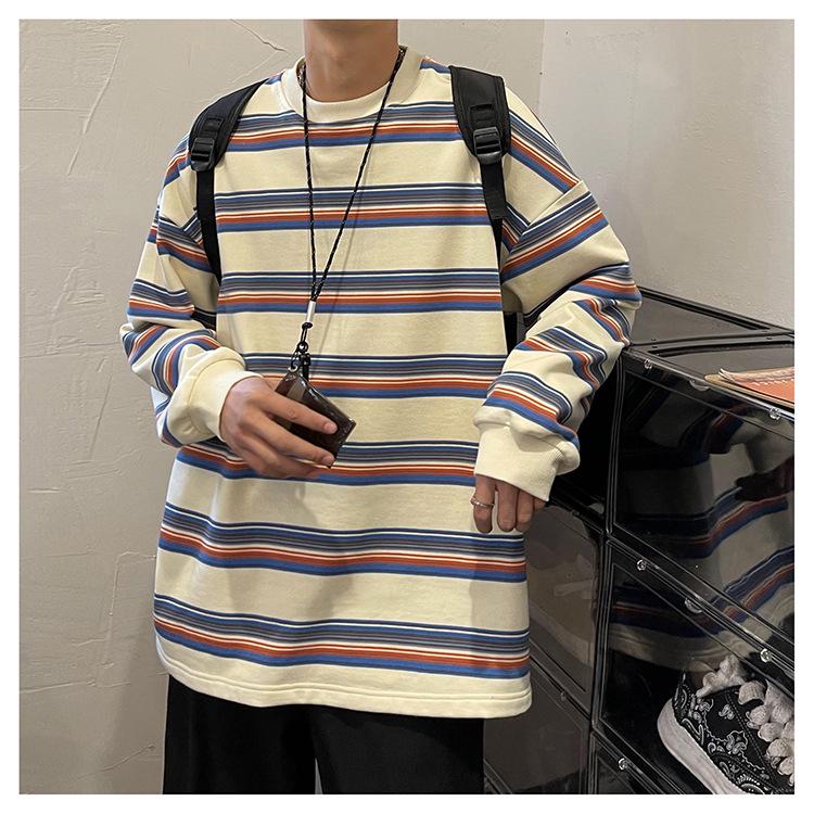 Men's Trendy Color Block Striped Pullover - Casual Loose Fit Round Neck Sweatshirt for Spring & Autumn.