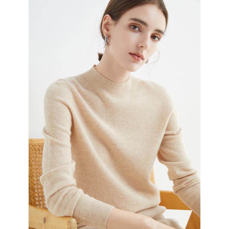 Women's Slim-Fit Autumn Sweater, Fashionable Half-High Neck, Versatile Pure Wool for Layering or Outerwear, Skin-Friendly.