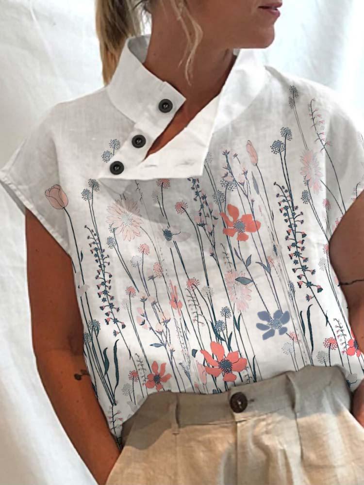 2023 Foreign Trade Cross-border New Women s Casual Stand Collar Short Sleeve Regular Pullover Digital Print Women s Top T-Shirt S