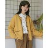 Vintage žlutý pletený kardigan v japonském stylu - Volný střih, Jednořadé zapínání, Malá velikost, Kapsy