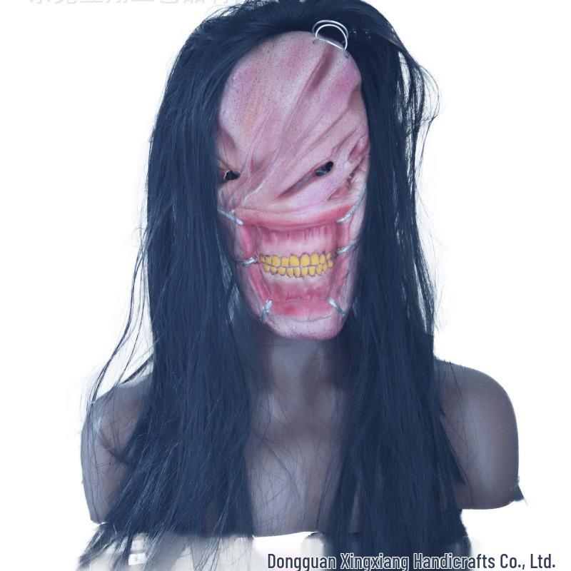 Female Ghost Horror Mask - Long Hair, Stitched Face, Scary Demon for Halloween Party & Haunted House