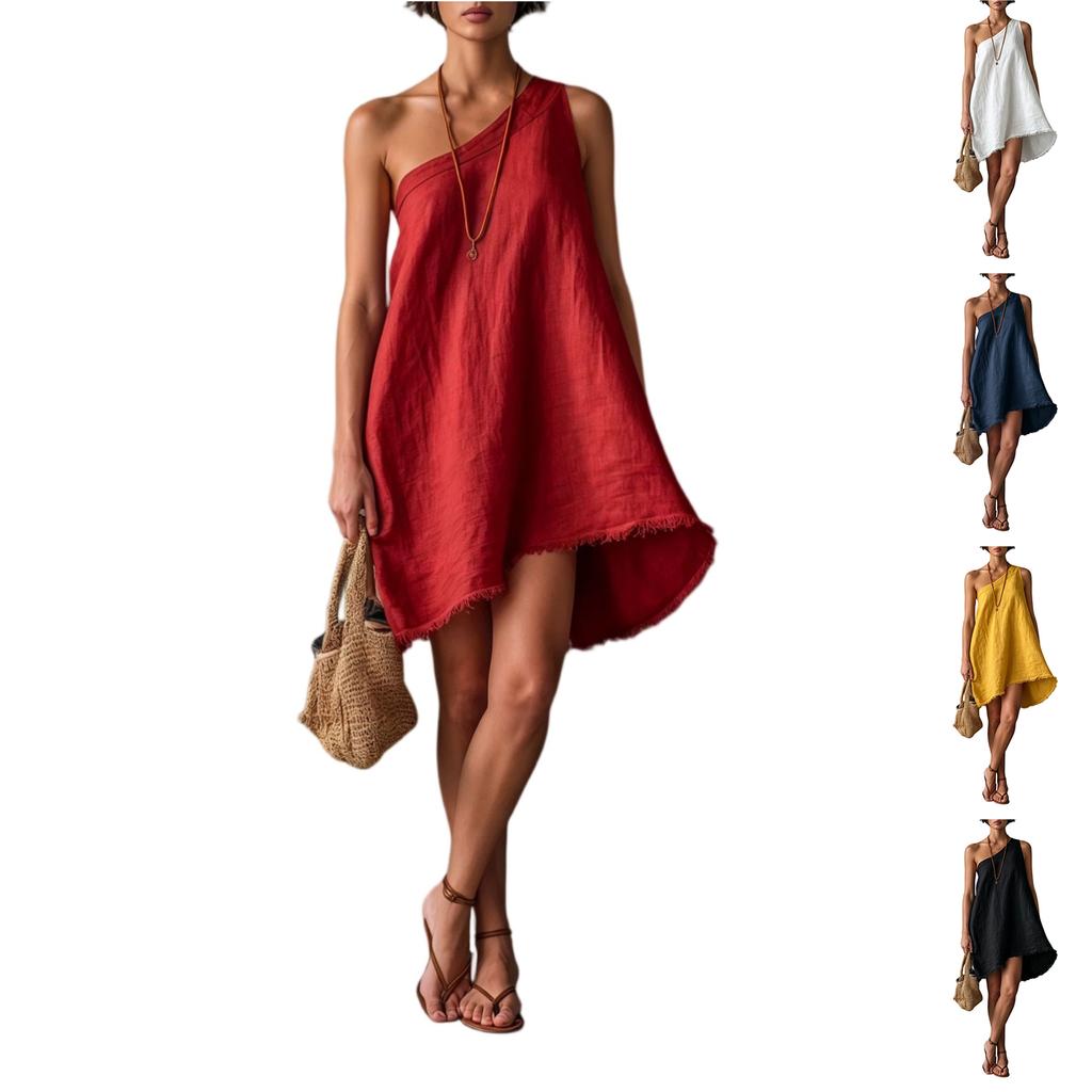 Women Casual Loose Fit One Shoulder Dress Linen Cotton Blend Raw Edge Irregular Hem Summer Beachwear Tunic