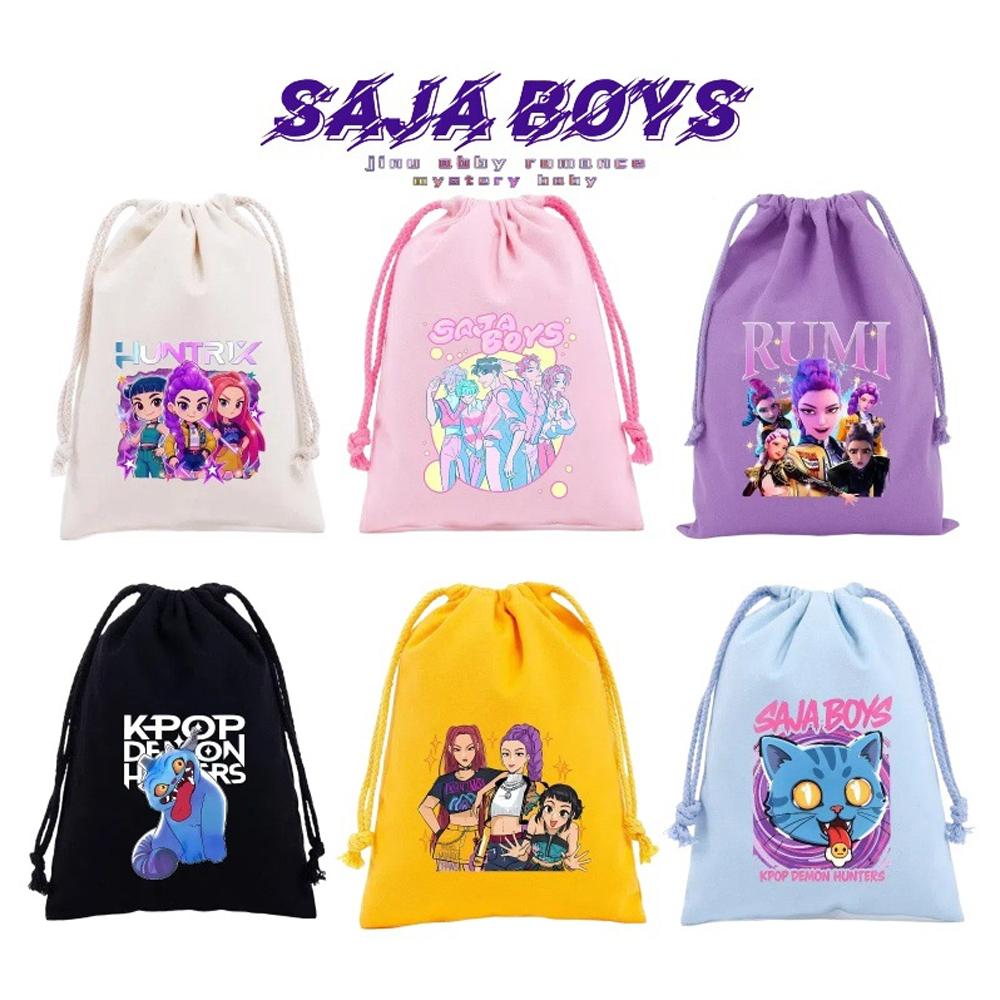 KPop Demon Hunters Storage Drawstring Bag Music Java Boys Cookies Candy Package Kids Gift Bags Print Cotton Key Pouch