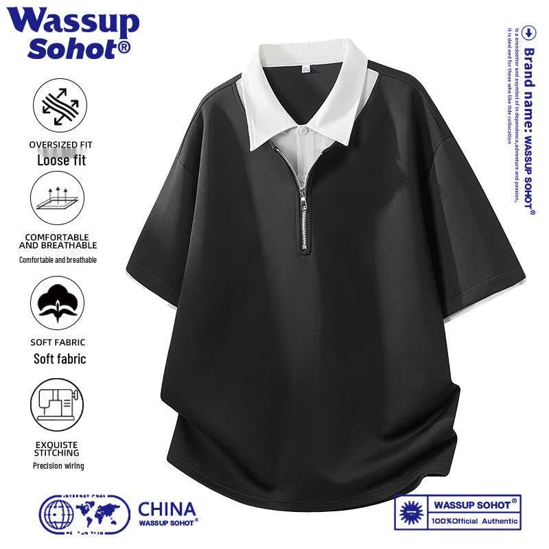 Wassup Sohot Men s Summer Faux Two-Piece Half-Zip Polo Shirt XL