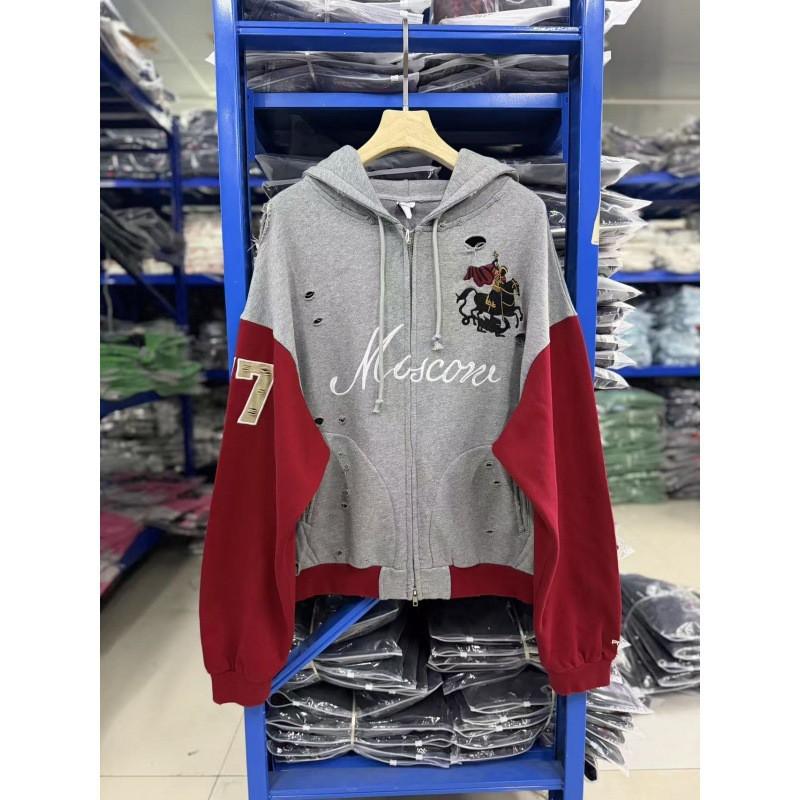 Unisex Distressed Patchwork Hooded Sweatshirt With Embroidered Zipper Front Casual Streetwear