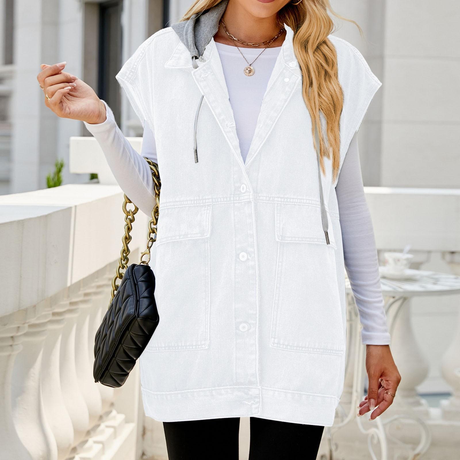 

Женская повседневная свободная винтажная джинсовая жилетка с капюшоном XS белый