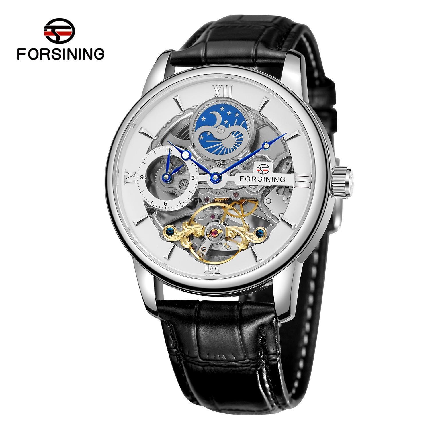 

FORSINING Dual Time Zone Skeleton Men Watches Waterproof Moon Phase Genuine Leather Band Tourbillon Automatic Mechanical Watch білий/срібний