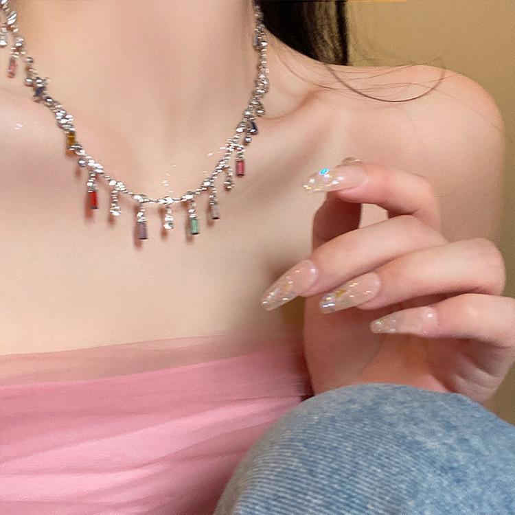 Luxury Colorful Zircon Square Shiny Choker Necklaces for Women Exquisite Crystal Short Sexy Chain Wedding Bride Jewelry Gift