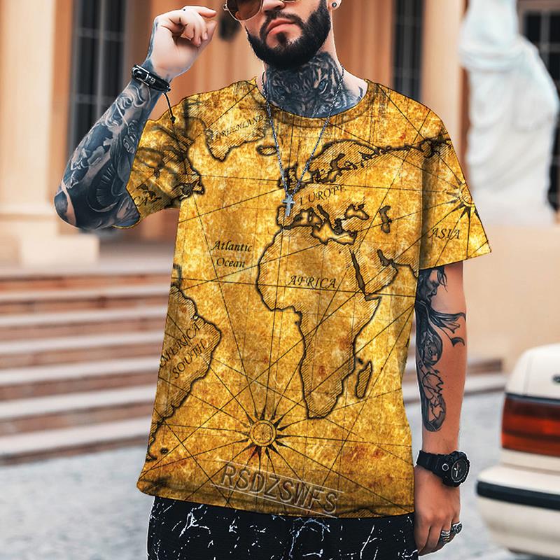 Hip-hop Retro Map Coordinate Tričko Pánské 3D strojový potisk Tričko nadměrné velikosti Street Summer Krátký rukáv 2022 Značka Top