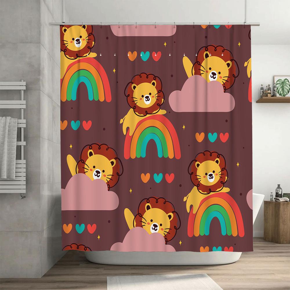 Animal Print Shower Curtains with Rainbow Design Cute Lion and Clouds Decor for Bathroom Made of Waterproof Fabric Easy Hanging