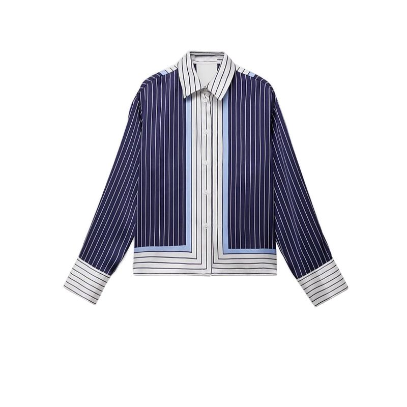 Stripes Print Satin Textured Straight-leg Shirt 87067193 Stripes Contrast Color Casual Pants 87087193