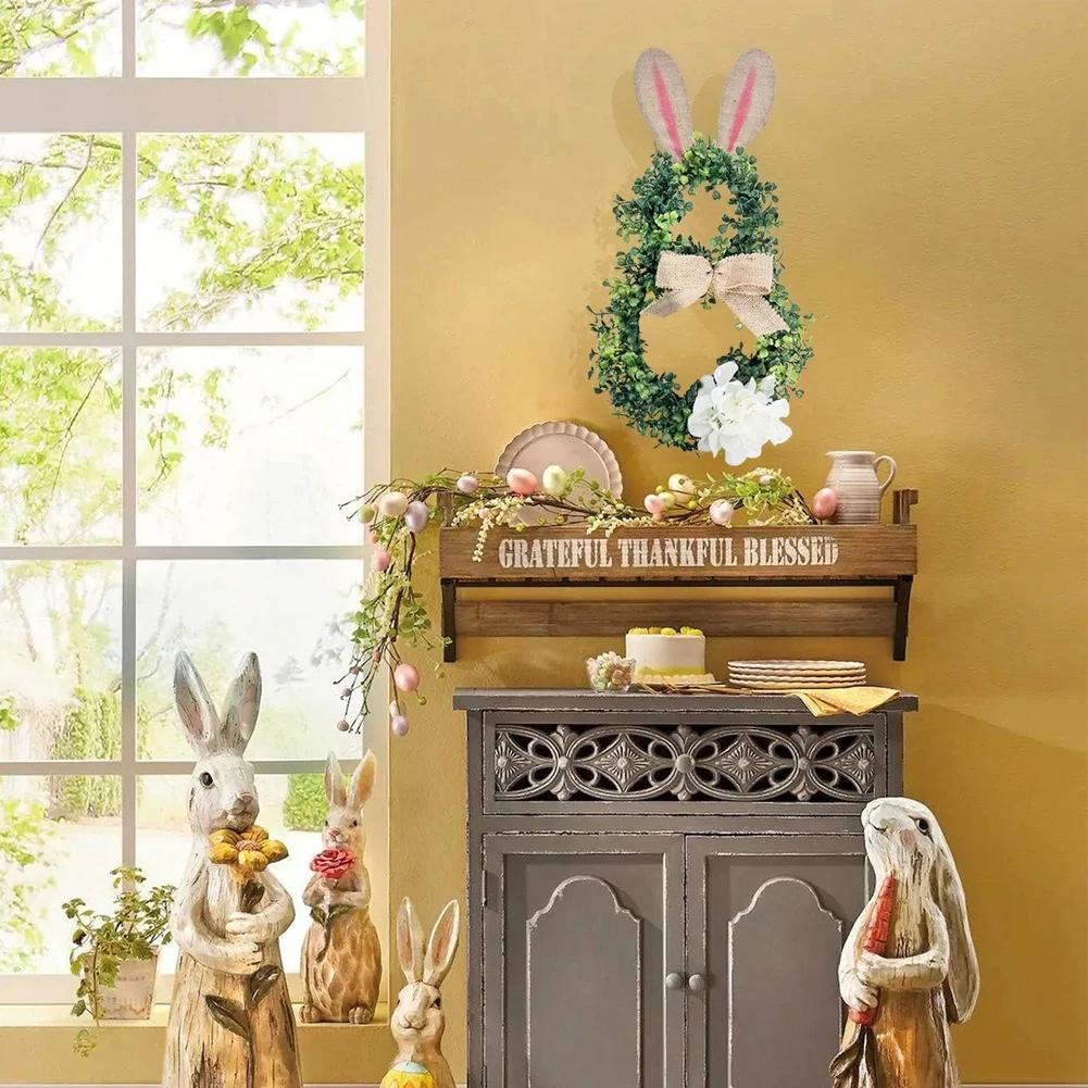 Seasonal Easter Bunny Wreath Spring Home Decor Artificial Greenery Hanging For Front Door 45cm TPE Plastic Ribbon