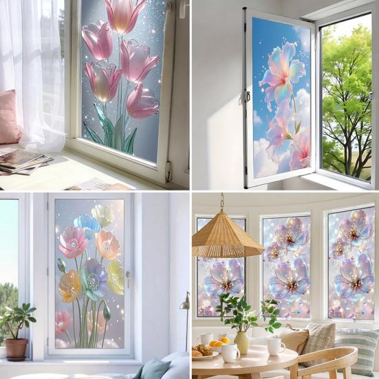 Flowers Window Privacy Film Stained Glass Tulip Butterfly Window Cling Static Glass Sticker for Home Kitchen Office Bathroom