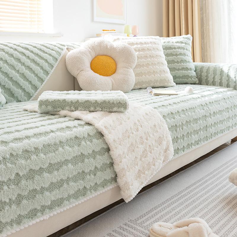 Winter Thicken Sofa Cushion Wave Plush Warm Solid Color Sofa Cover Towel Anti-slip Couch Protector Slipcover for Living Room