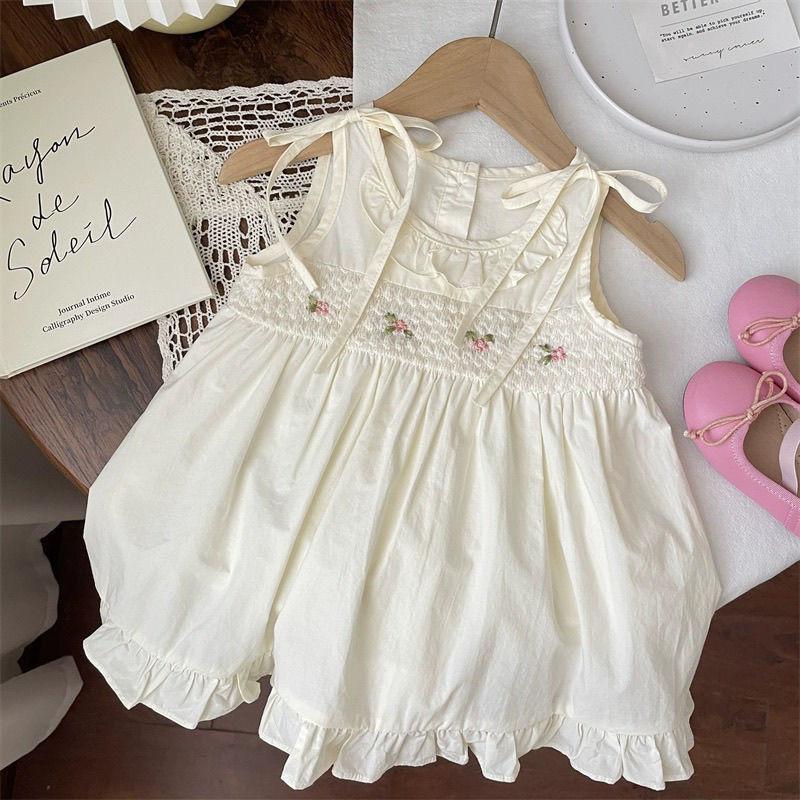 Sweet Girls Summer Sleeveless Dress Embroidered Flower Smocked Vest Princess Chic Casual Party Dress For Kids 80cm