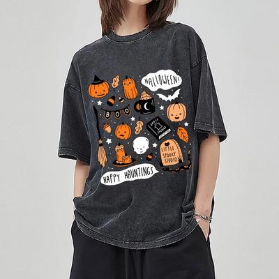 Magliette da Donna con Stampa di Zucca di Halloween Tessuto Lavato Oversize Traspiranti Manica Corta Vintage Usurate