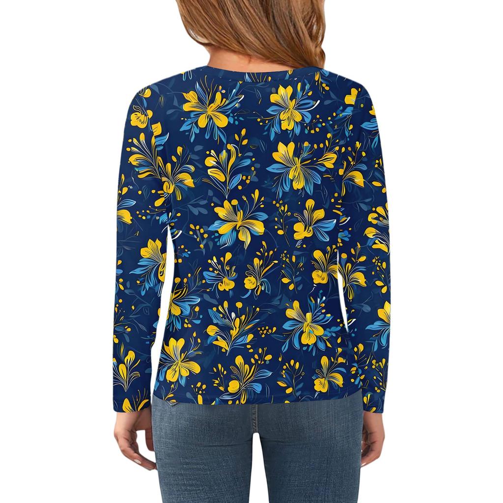 Children's Long Sleeve Tops Casual Print T Shirt Round Neck Pullover Blouse