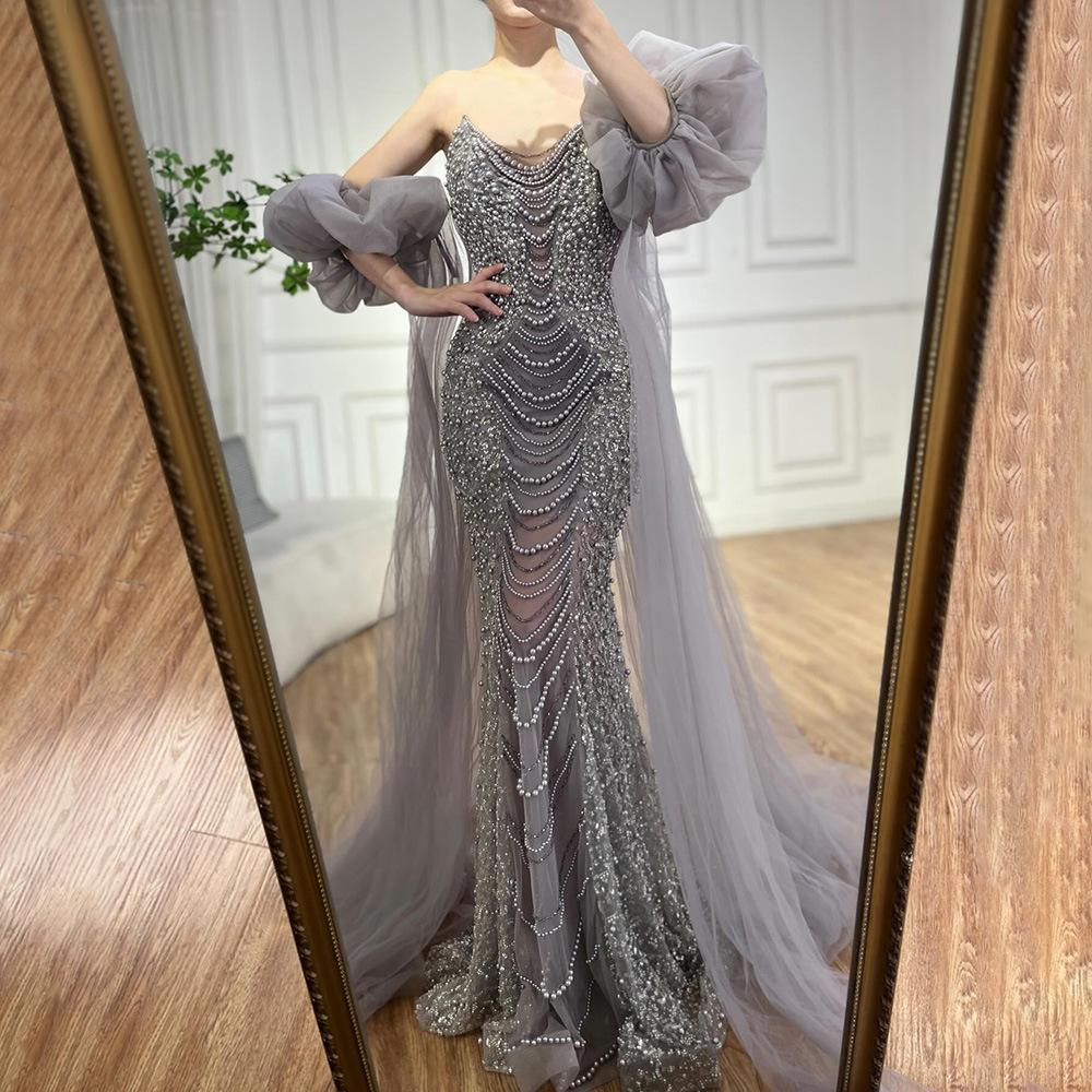 Lilac Purple Bead Bubble Sleeve Temperament Long Dress Annual Meeting Host Banquet Light Luxury Dress Dress LA11111