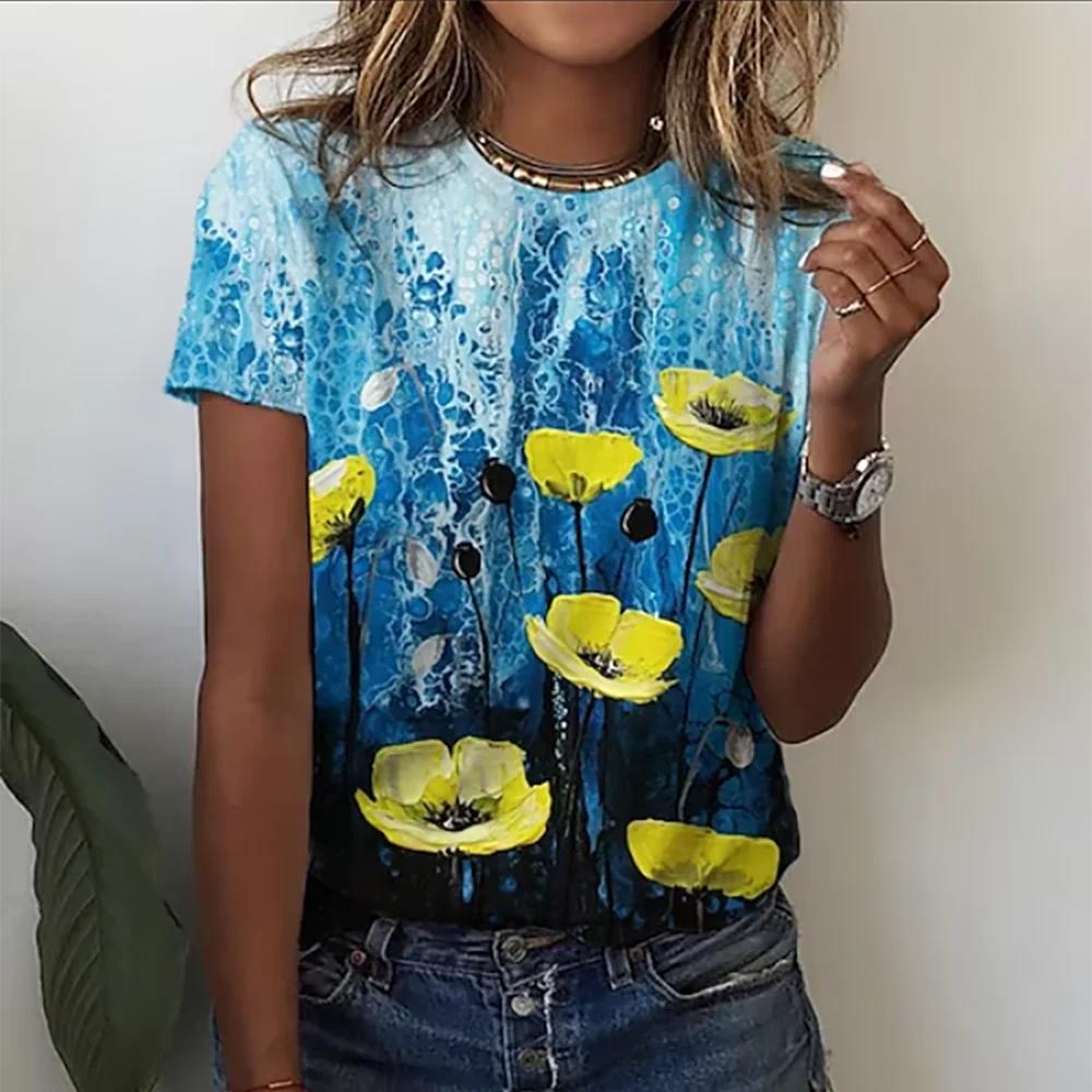 2023 Women's T-Shirts Fashion Floral Theme T Shirt Floral Plants Tees Summer Short Sleeve Top Basic Oversized Female Clothing
