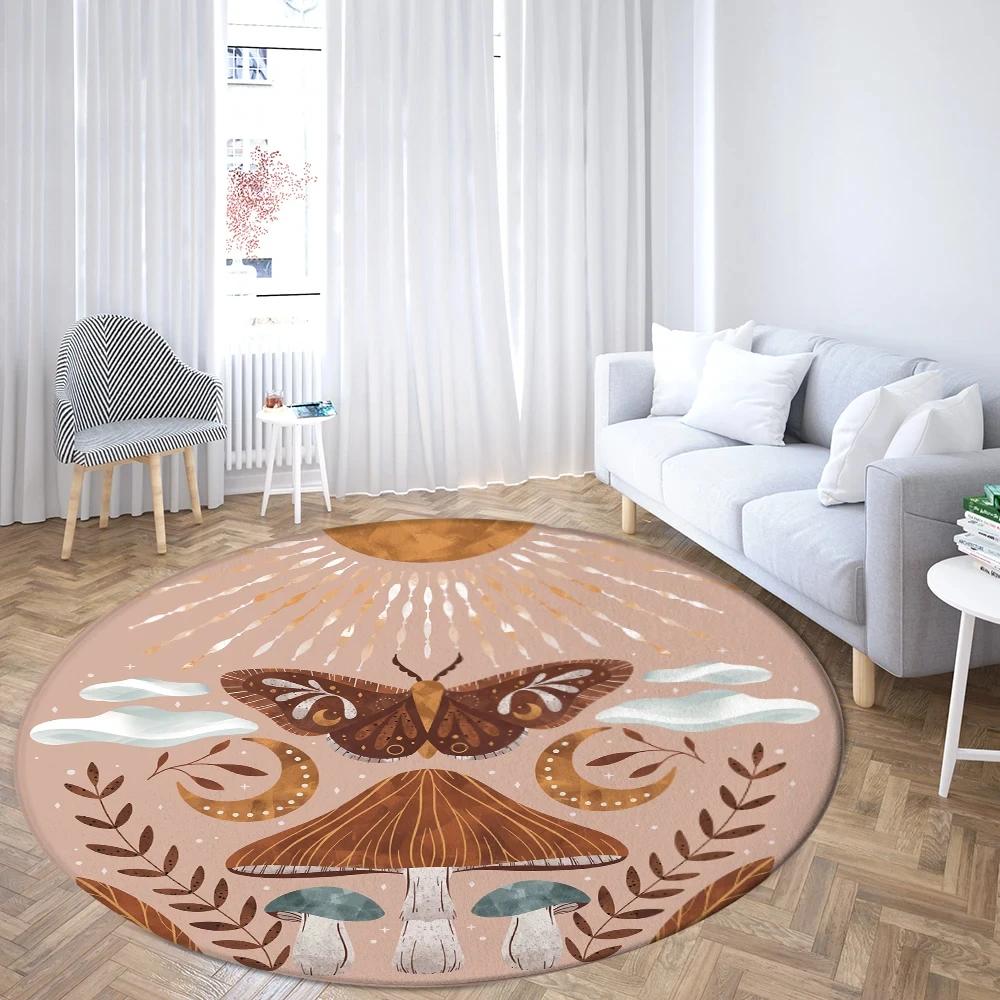 Boho Mushroom Butterfly Round Rug Cartoon Mushrooms Carpet for Living Room Office Bathroom Decor Kawaii Fungus Indoor Floor Mat
