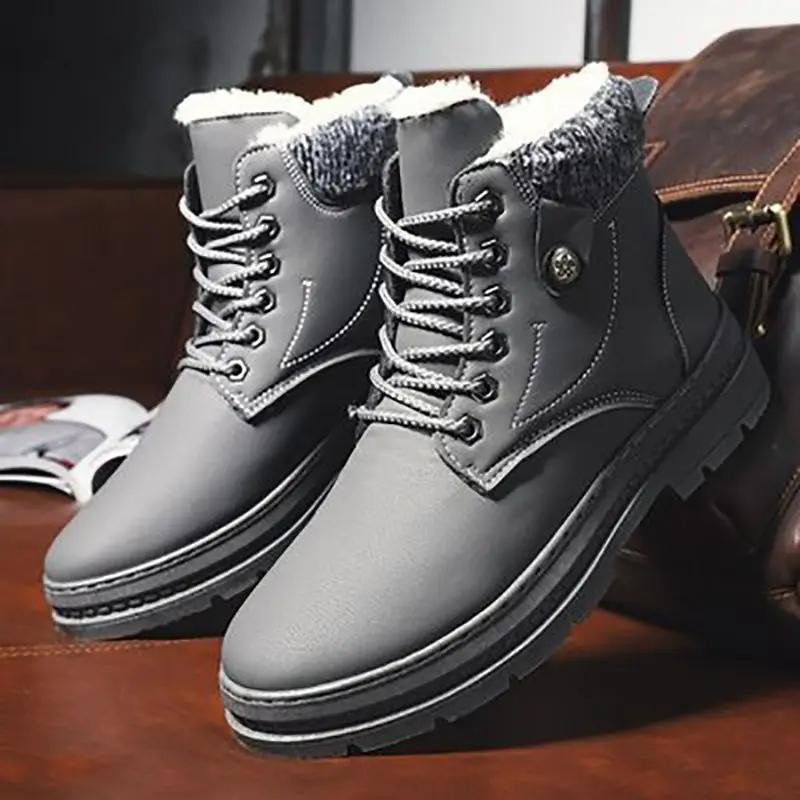 

Зимние мужские повседневные ботинки, трендовые кожаные ботинки для мужчин, высокие хлопковые ботинки, теплые плюшевые ботинки для снега, подкладка для мужчин 39