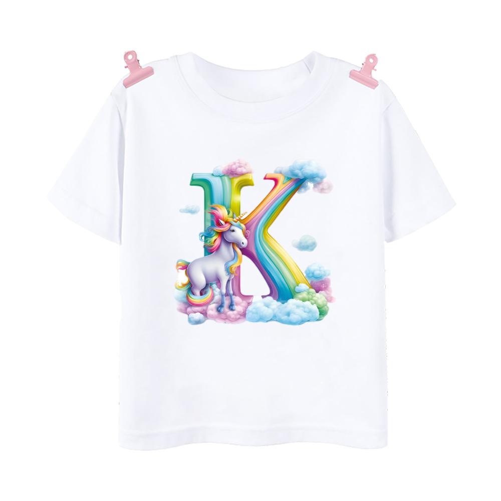 Unicorn Rainbow Initial A-Z Printed Kids Shirt Child Summer T-shirt Boys Girls Short Sleeve Tops Clothes Cute Toddles Outfit Tee