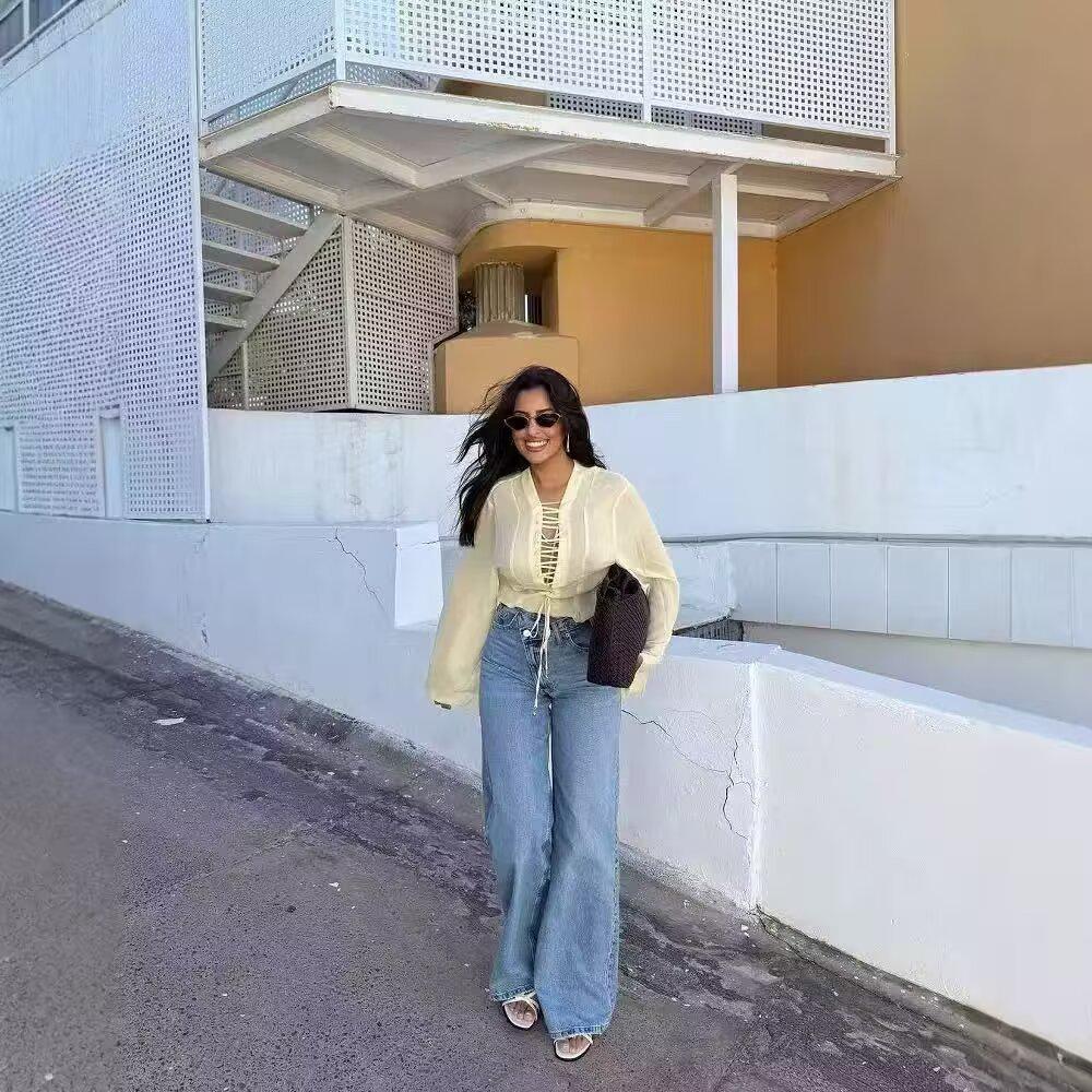 European & American Women's V-Neck Tie-Waist Fashion Casual Shirt