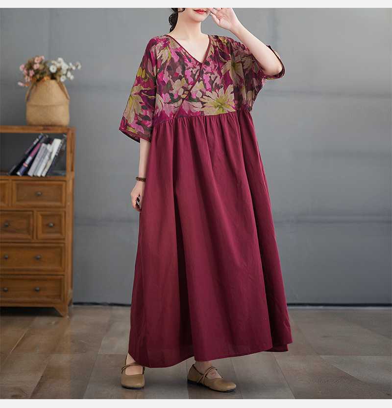 Cotton and Linen Summer Patchwork Retro Style Dress, Plus Size Long Skirt