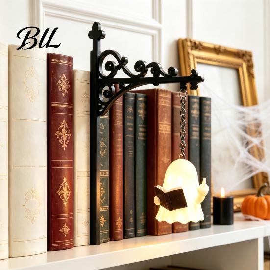 Halloween Party Decoration Library Lantern Bookshelf Lamp, Vintage Metal LED Nightlight for Book Nook Decor, Desktop Decorative Ornament Ghost Reading