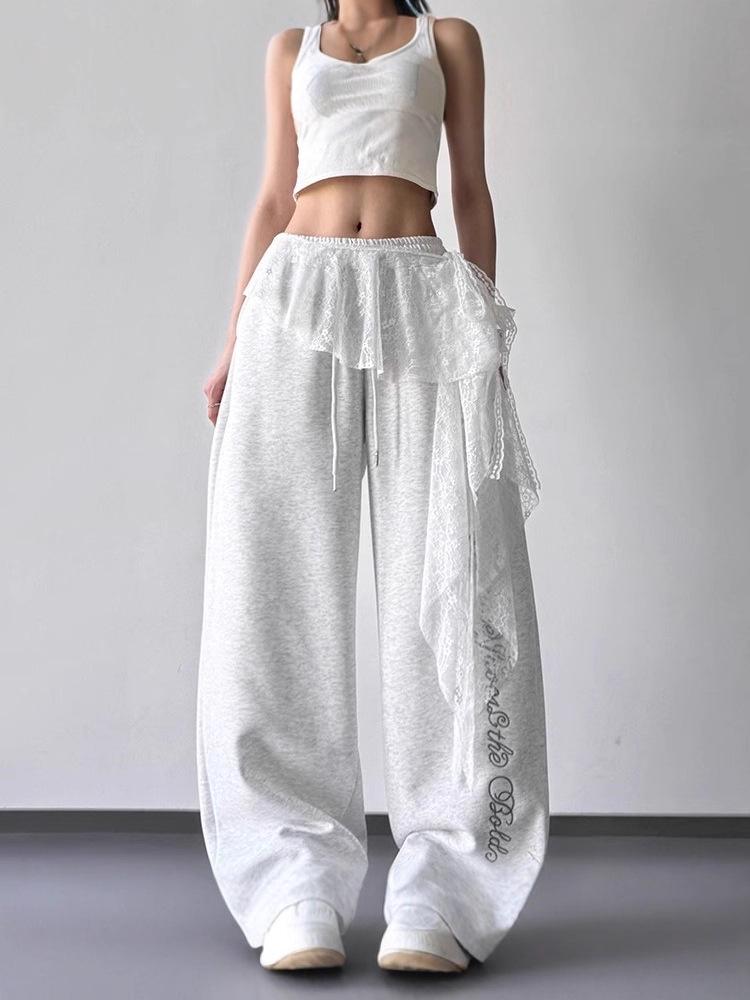 High-Waist Lace Splicing Wide-Leg Street Dance Pants for Women - Spring/Summer Casual Sportswear