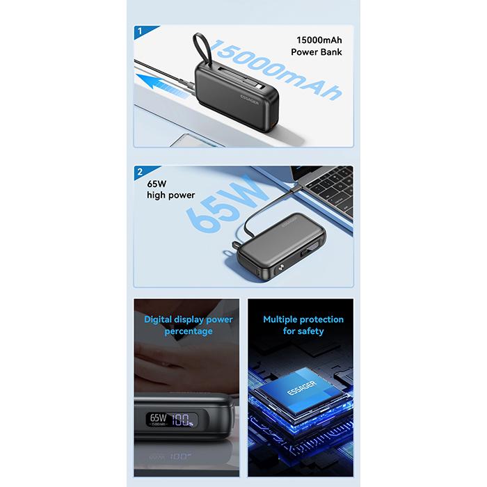 Essager 15000mAh Portable Power Bank In With USB C Cable External Spare Battery Pack for iPhone iPad Macbook 65W Fast Charger