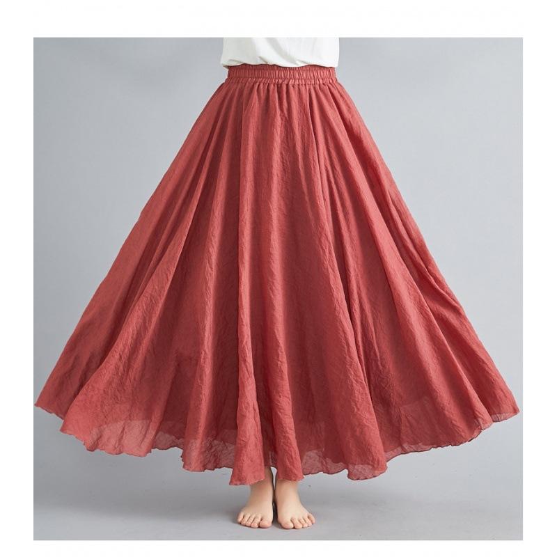 Women's Literary and Artistic Skirt Elastic Waist Linen A-line Skirt Long Solid Color Ethnic Style  Big Swing Skirt