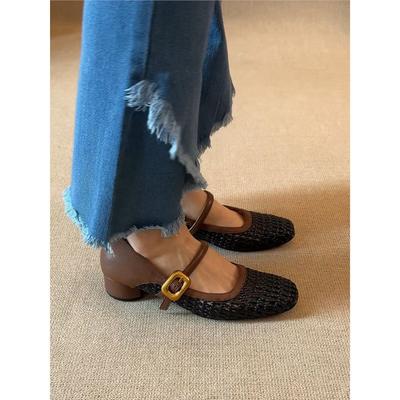 Sheepskin Genuine Leather Retro Square Head Hollow Woven One-word Buckle Mary Jane Shoes Children's Versatile Light Mouth Single Shoes