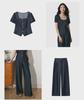 [In Stock] Plus Size Women's Retro Denim-Look Top & Wide-Leg Pants Summer Slimming Set 6160