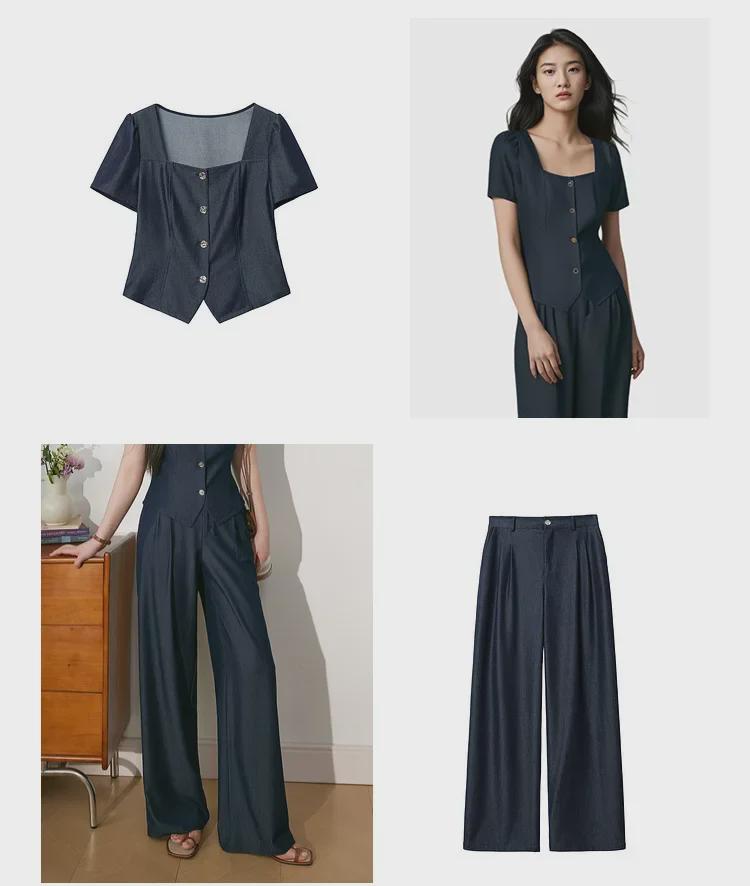 [In Stock] Plus Size Women's Retro Denim-Look Top & Wide-Leg Pants Summer Slimming Set 6160