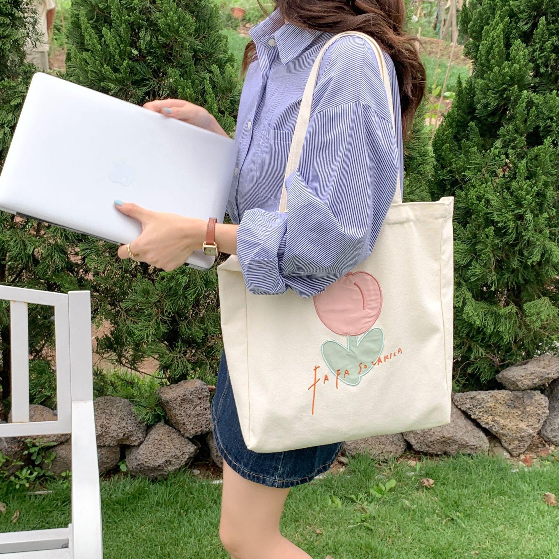 Женская сумка-тоут с вышивкой тюльпаном большая холщовая сумка студенческая сумка для покупок сумка на плечо OneSize 1209₽