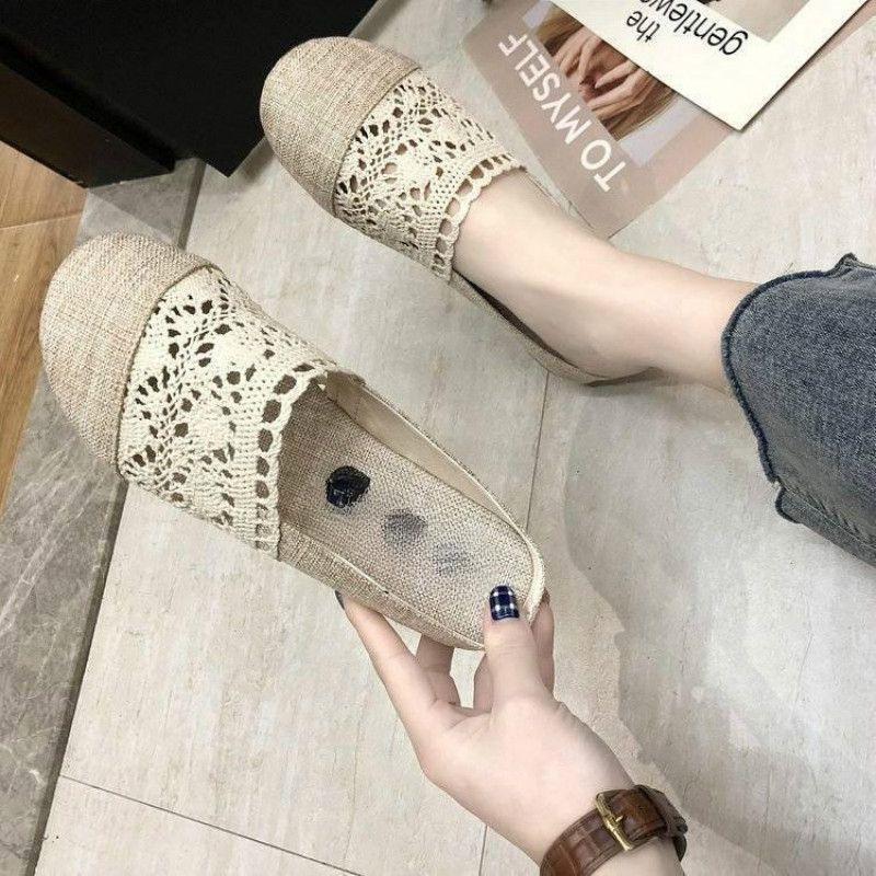 

Baotou cool slippers women s summer society literary and artistic retro linen lace hollow maternity shoes breathable semi-drag women s shoes 36