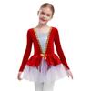 Mädchen Eiskunstlauf Performance Kleid Langarm Glitzernde Pailletten Patchwork Samt Tüllkleid Eingearbeiteter Slip Ballett Kostüm
