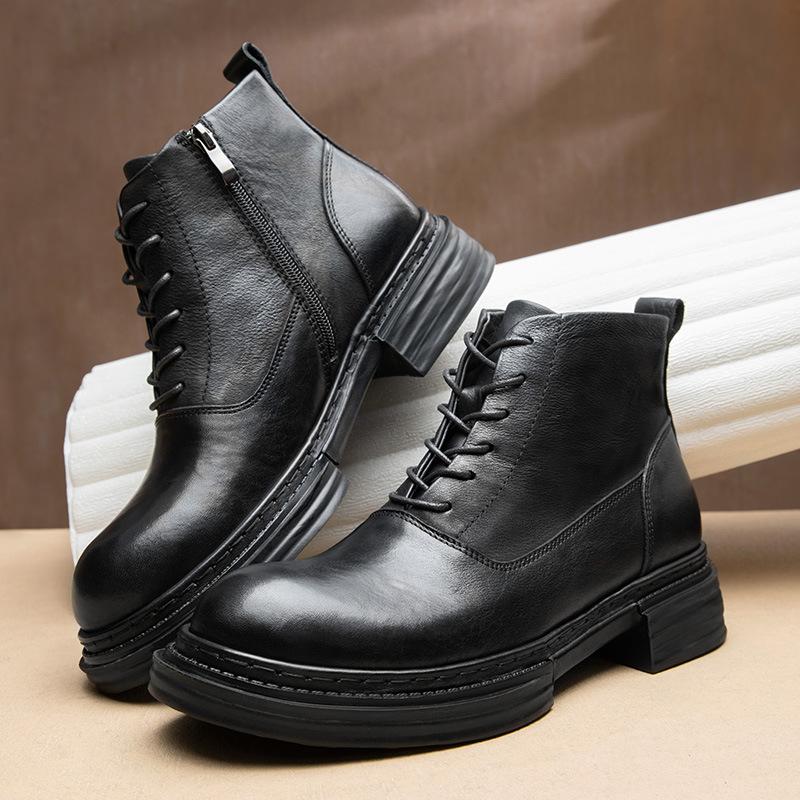 Height-Increasing Retro Martin Boots Men'S Leather Zipper British Style Recreational Locomotive Thick-Soled Tooling Boots Men'S Cowhide Short Boots