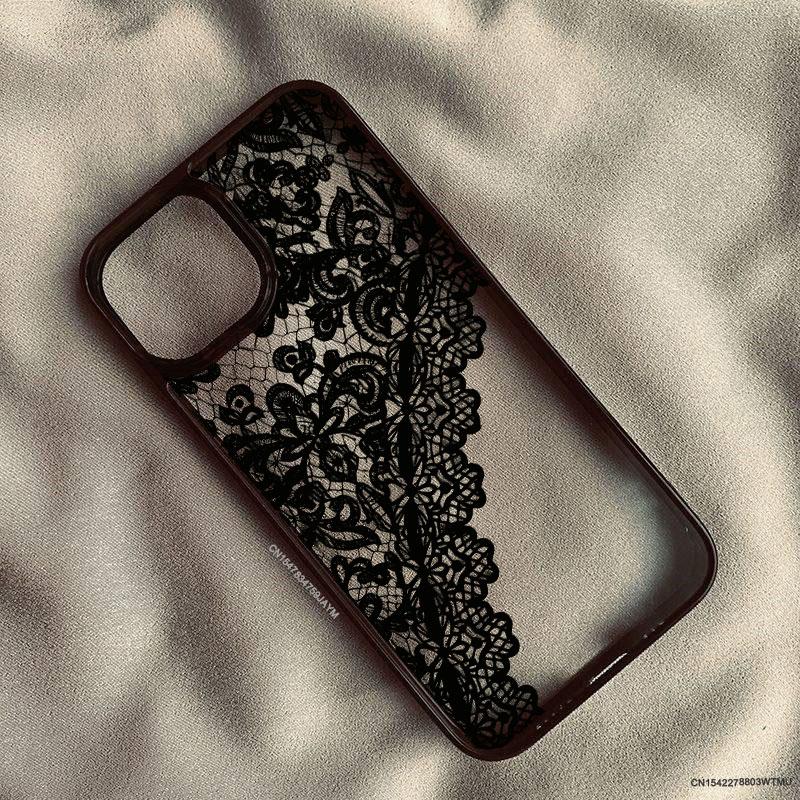 Wine Red Black Lace Printed Phone Case For iPhone 15 17 16 Pro 14 13 12 11 XR XS Max 7 8Plus Pattern Shockproof Clear Hard Cover