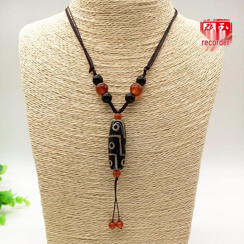 Unisex Ethnic Sweater Chain Necklace with Nine-Eyed Dzi Pendant - Adjustable and Versatile Ornament 4611