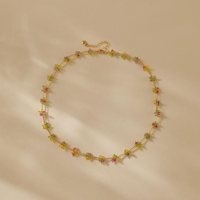 Minimalist Fresh Vacation Style Real Gold Plated Colorful Crystal Beaded Clavicle Necklace For Women