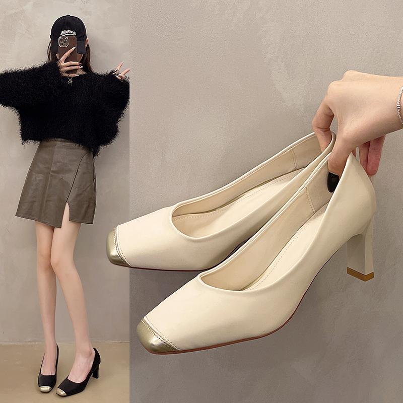 Fashion Fashion Soft Leather Fabric Heels Pumps Shoes Pointed Toe Shoes Woman Square Slip-On Heel Slip Lady Office Casual Work Shoes
