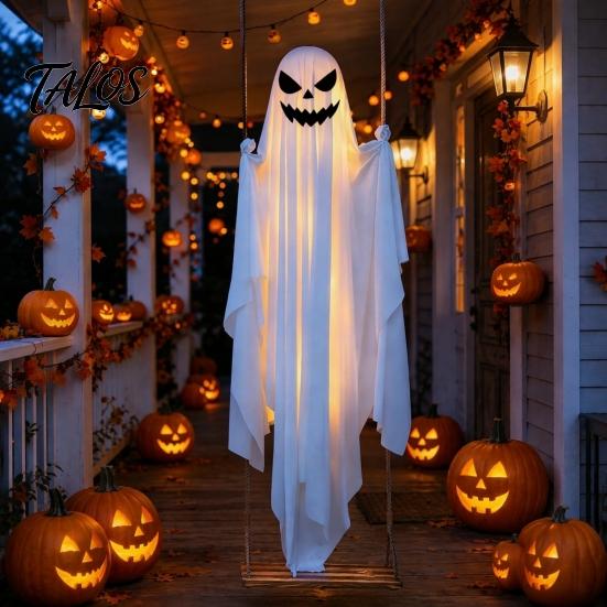 Fantasma Facile da Appendere per Decorazione Esterna Halloween Decorazione Luminosa, Grande Spettrale su un Viso Demoniaco Luminoso Altalena da Giardino con Cappello da Strega Portico
