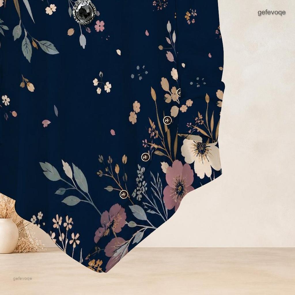 Women Plus Size Round Neck Long Sleeve T Shirt Dark Green Gold Floral Printed Asymmetric Hem Button Detail