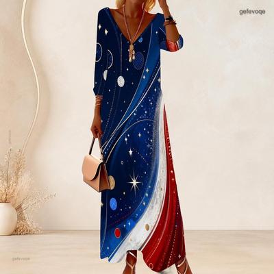 Women Plus Size V Neck Three Quarter Sleeve Galaxy Printed Long Dress