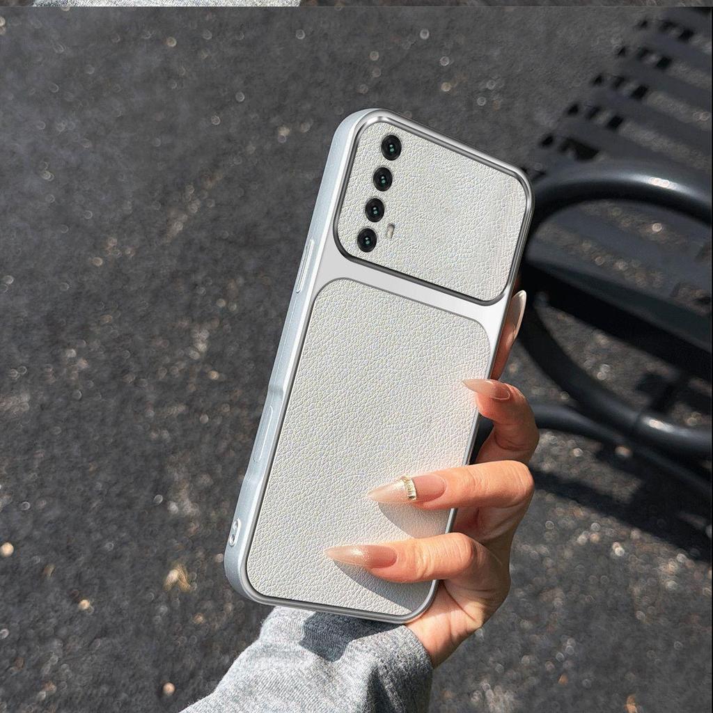 Elegant Faux Leather Cover for realme Narzo 20 Pro Shiny Plated Edge & Large Lens Design Case